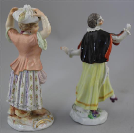 Two Meissen figures, late 19th / early 20th century, 12.5cm, dancing figure loss to right hand